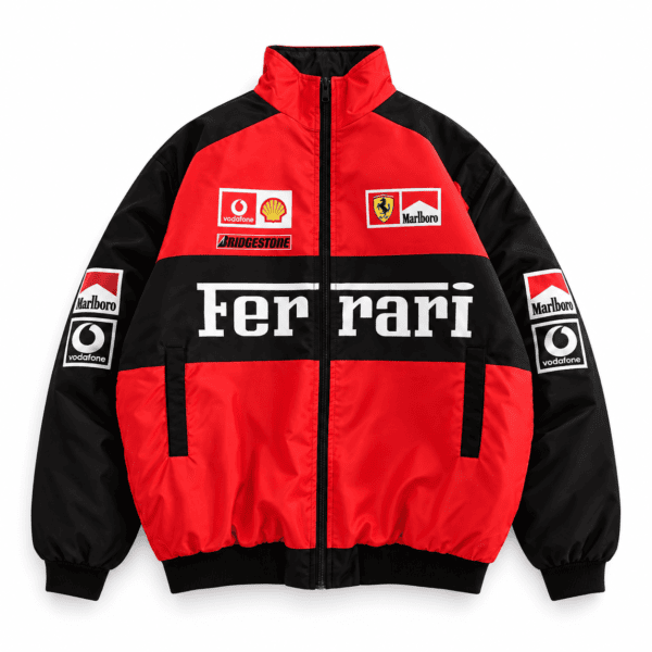 9f1eb043-e58e-4da3-9dfa-de80492a7b7d - UAE SPORT STORE Red and black Ferrari Formula 1 team jacket with sponsor logos and Ferrari branding.