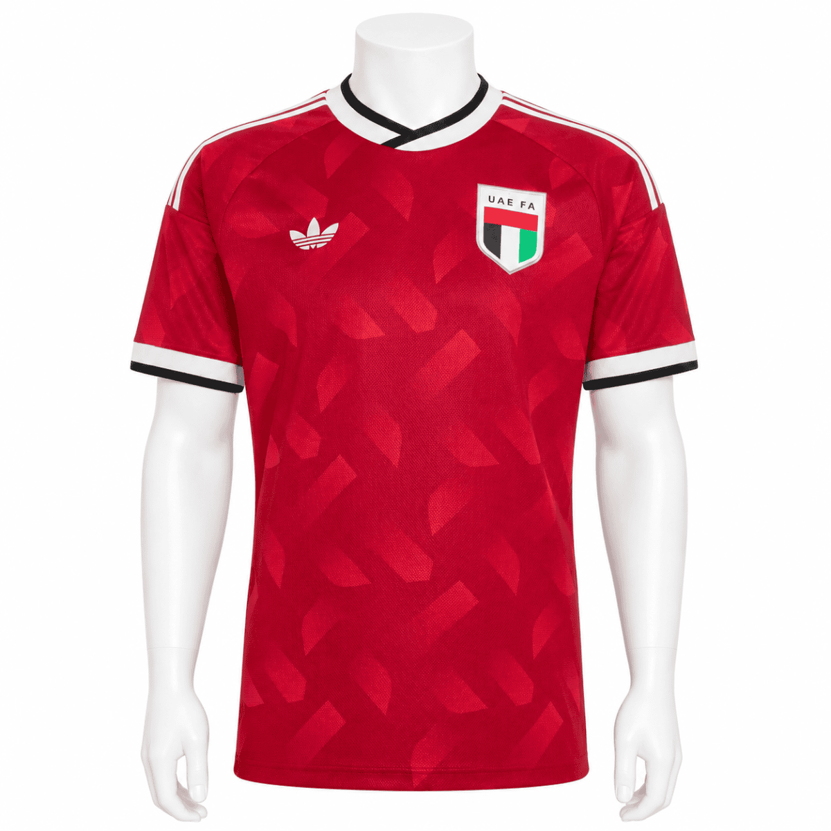 UAE national team away jersey with red camouflage pattern, UAE FA badge, and Adidas logo.
