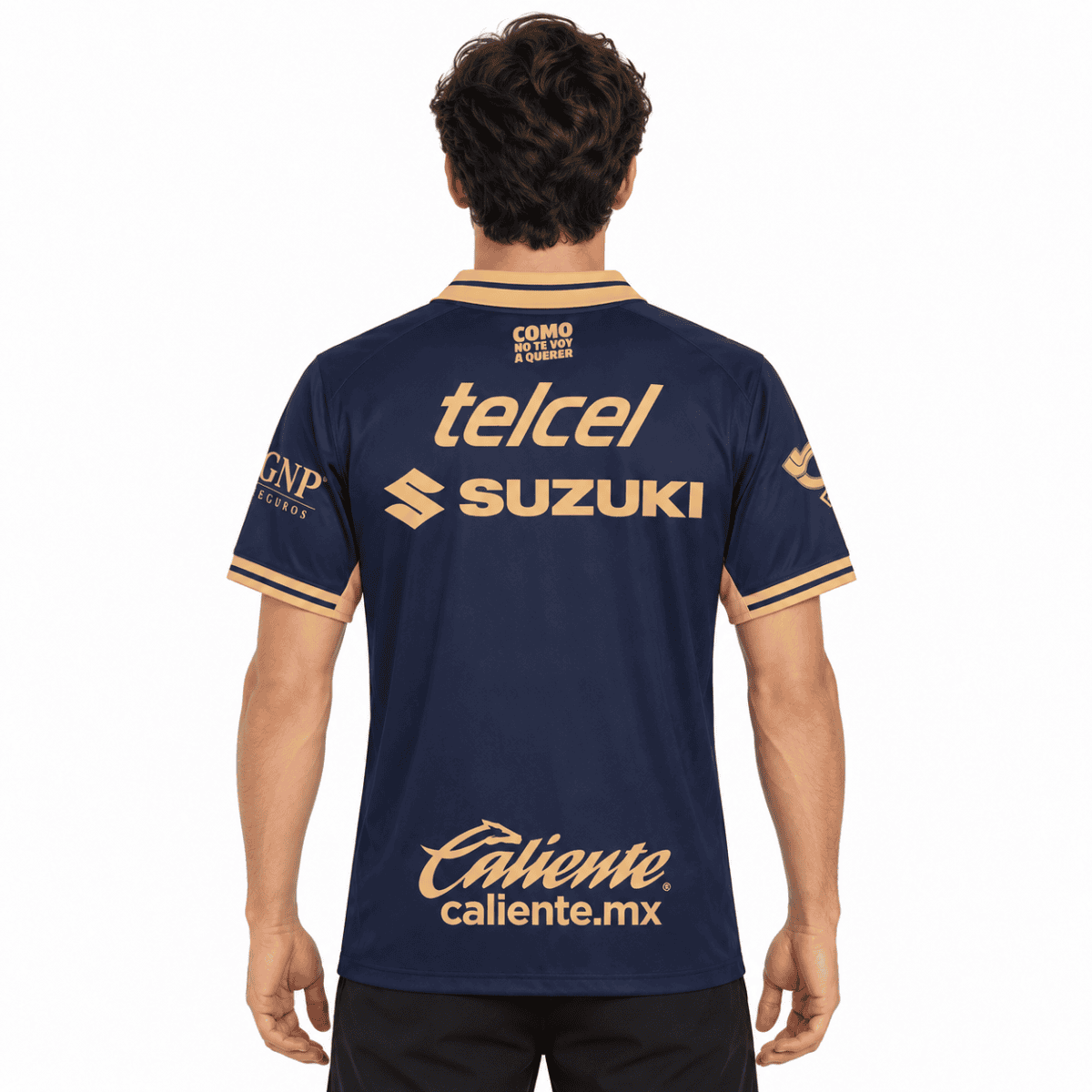 Pumas UNAM home jersey with sponsor logos, back view, navy blue with gold accents.