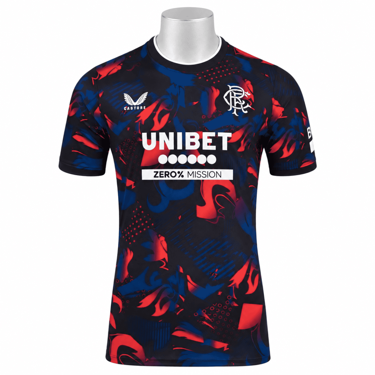 Rangers third jersey 2025/26 with blue, red, and black abstract pattern.