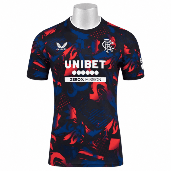 Rangers third jersey 2025/26 with blue, red, and black abstract pattern.