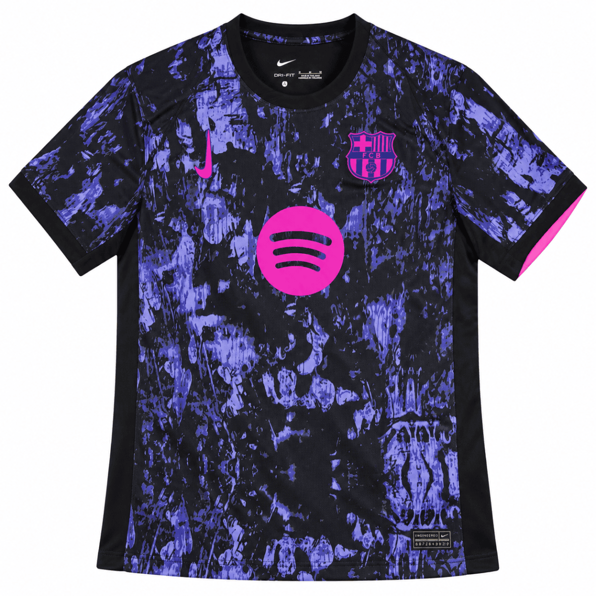 Barcelona 2025/26 away jersey with purple and black abstract design.