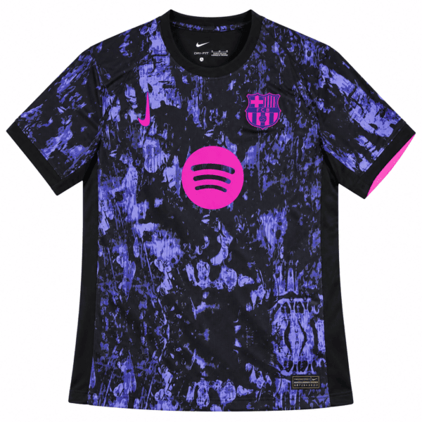 Barcelona 2025/26 away jersey with purple and black abstract design.