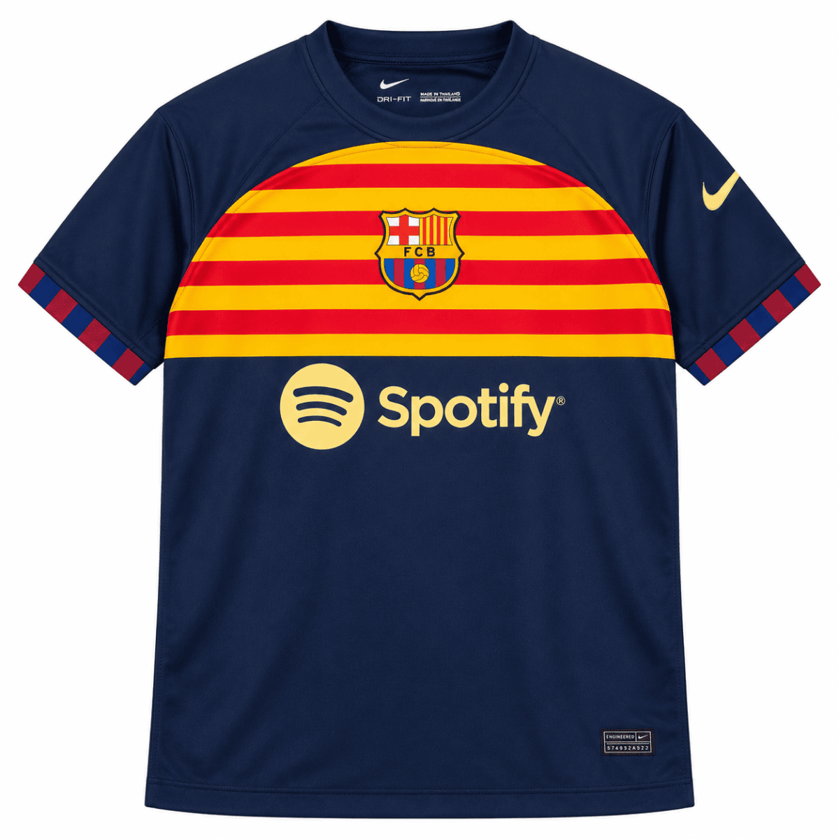Barcelona 2023/24 away jersey with yellow-red stripes and Spotify logo.