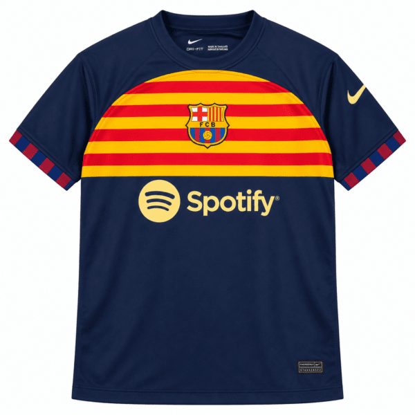 Barcelona 2023/24 away jersey with yellow-red stripes and Spotify logo.