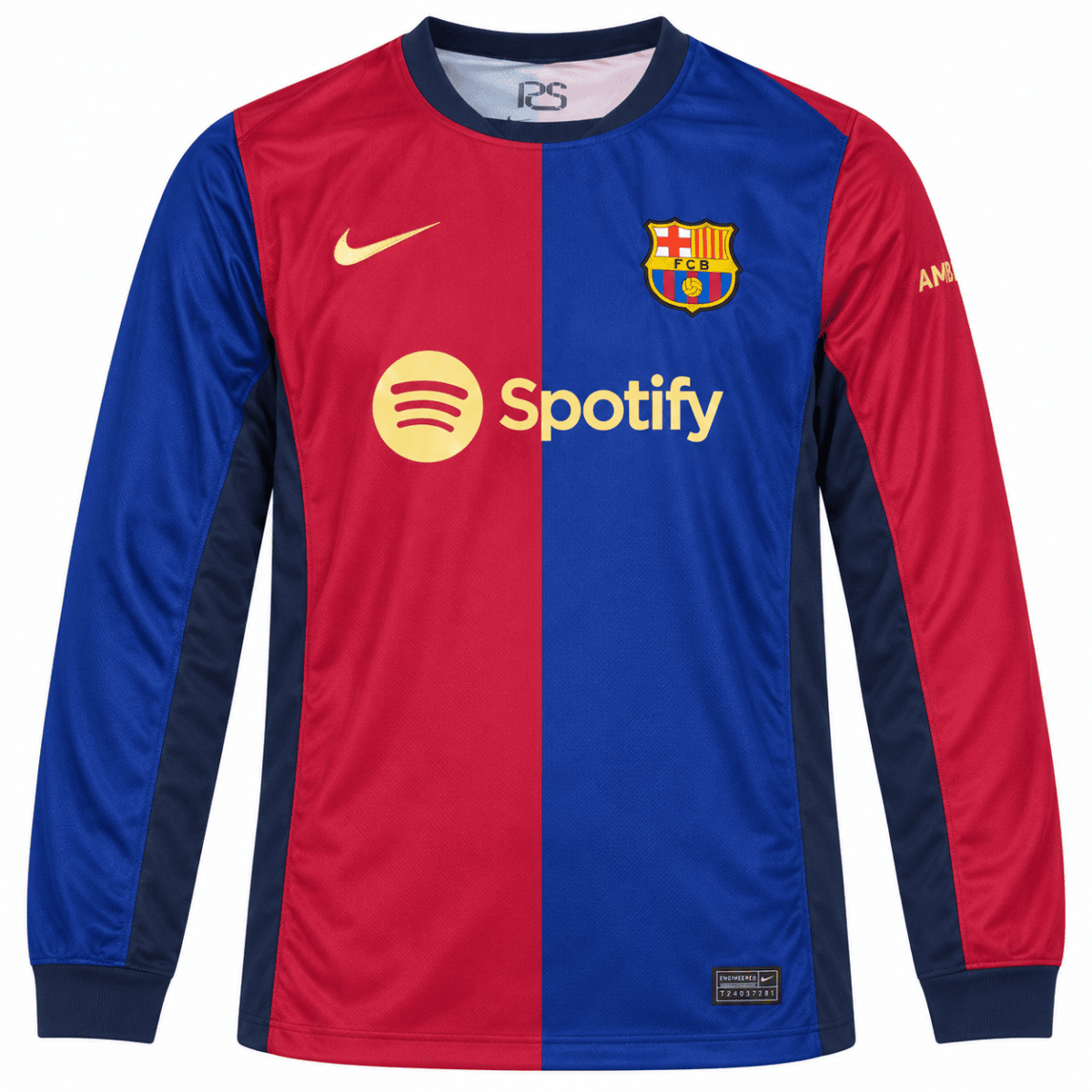 Barcelona home long sleeve jersey 2024/25 with red and blue vertical stripes.