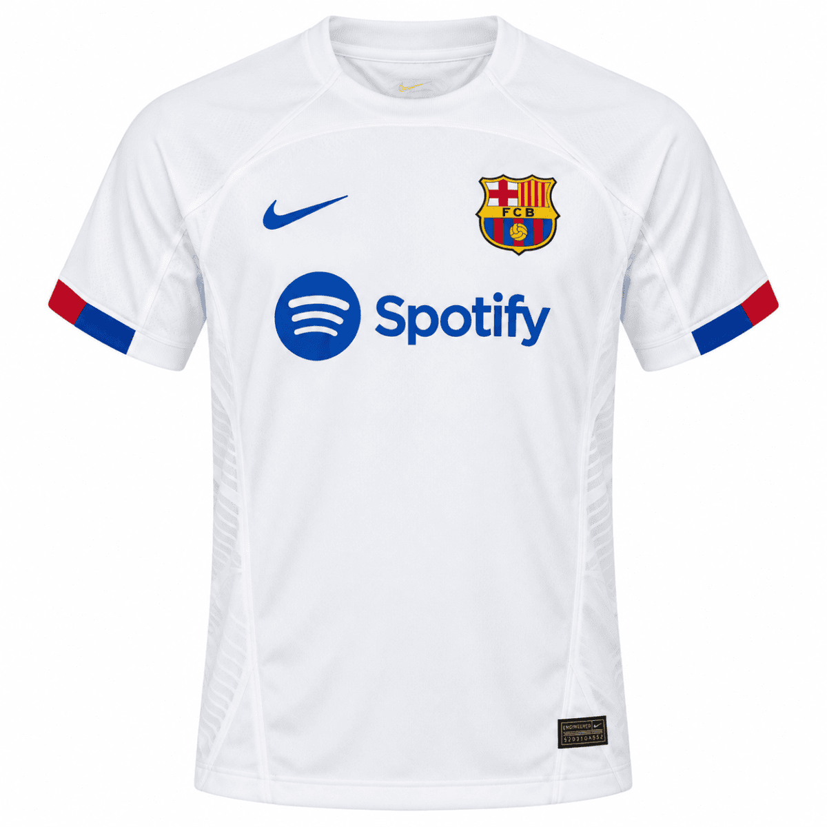 Barcelona away jersey 2023/24 with club crest, Nike logo, and Spotify sponsor.
