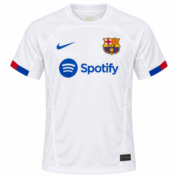 Barcelona away jersey 2023/24 with club crest, Nike logo, and Spotify sponsor.