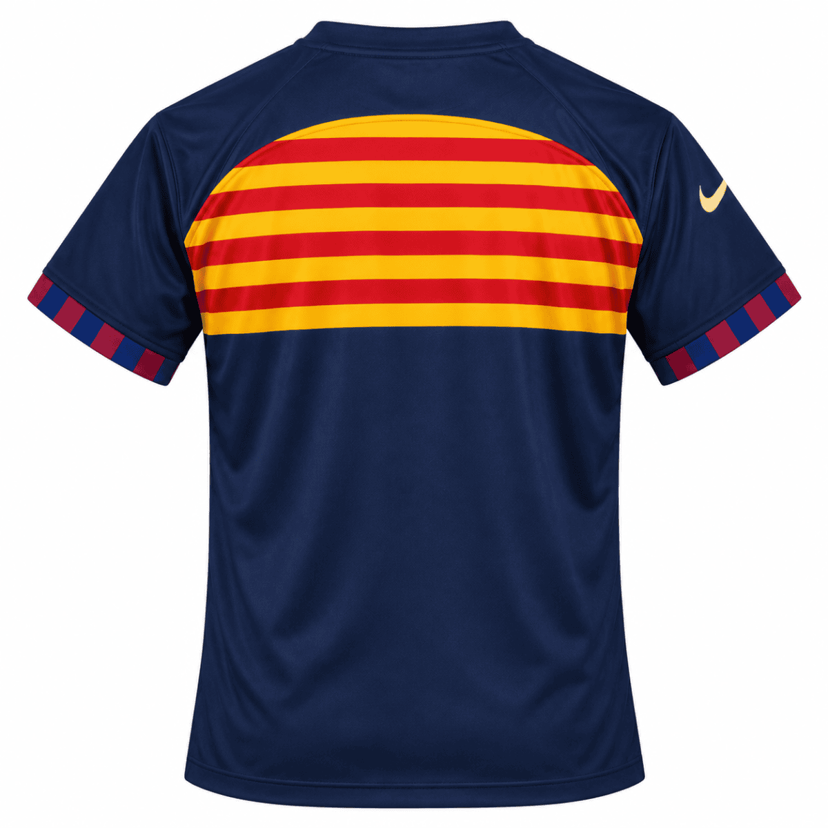 Barcelona 2023/24 away jersey with yellow-red stripes on navy background.