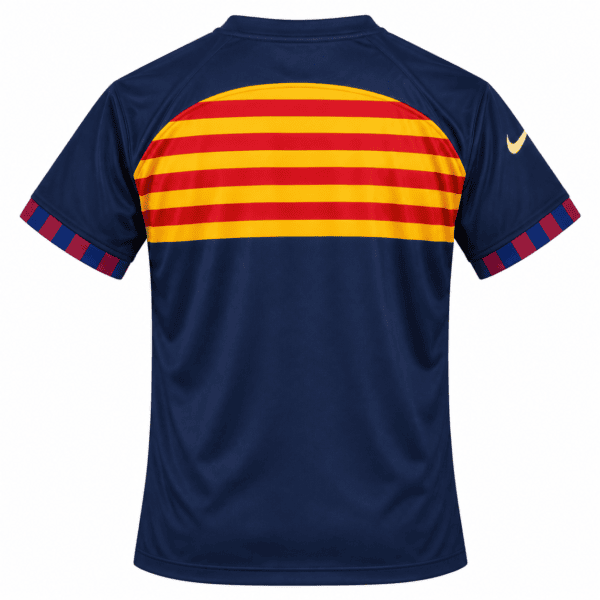 Barcelona 2023/24 away jersey with yellow-red stripes on navy background.