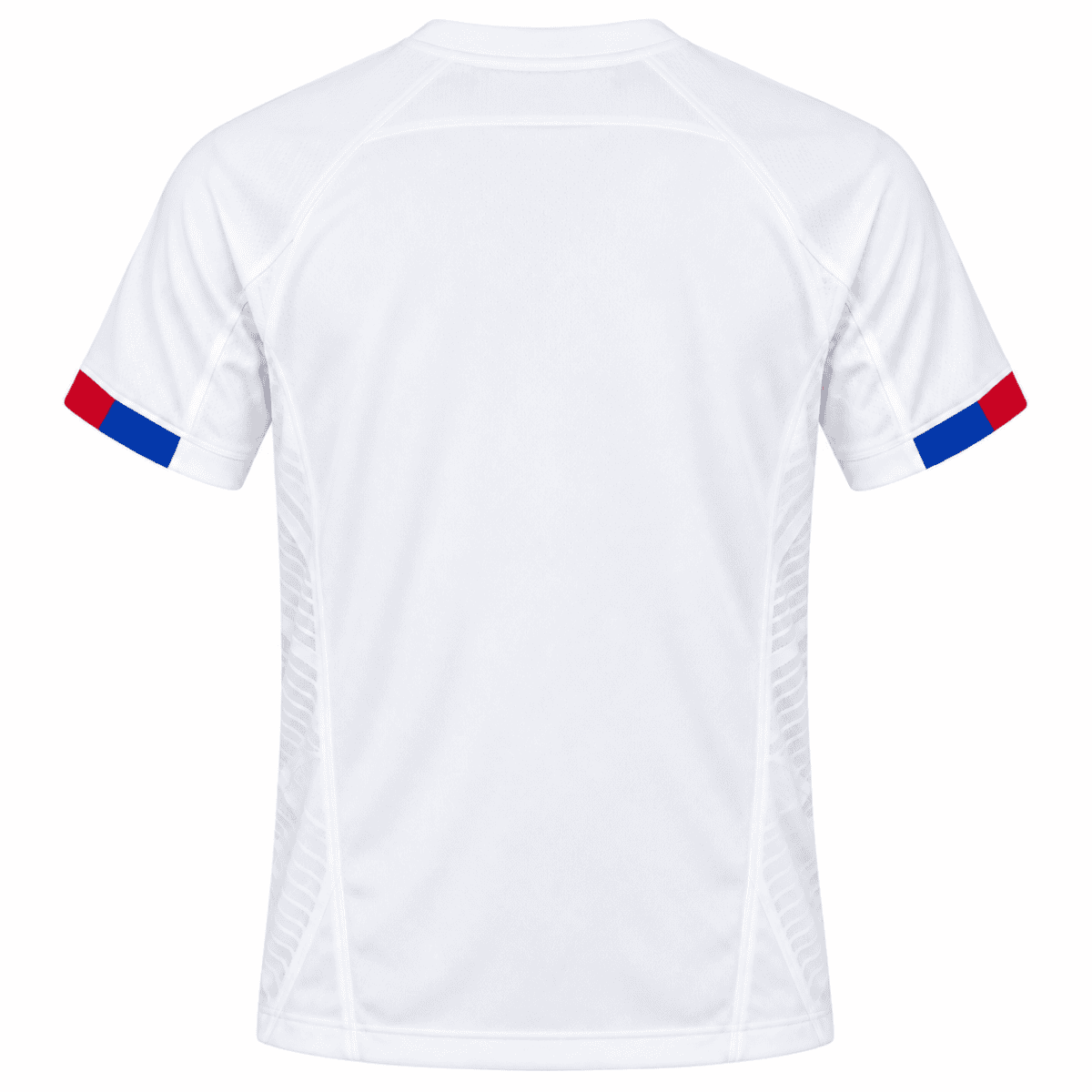 Barcelona away jersey 2023/24 with white color and red and blue sleeve accents.