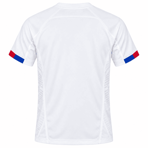 Barcelona away jersey 2023/24 with white color and red and blue sleeve accents.