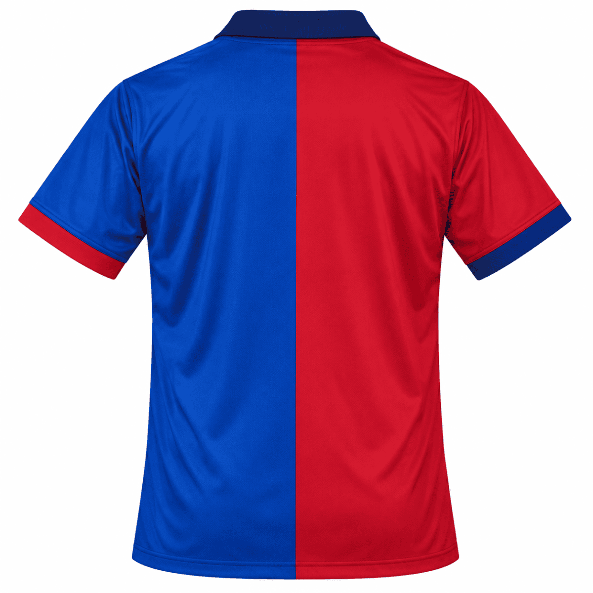 Barcelona polo shirt with blue and red halves, short sleeves, and collar.