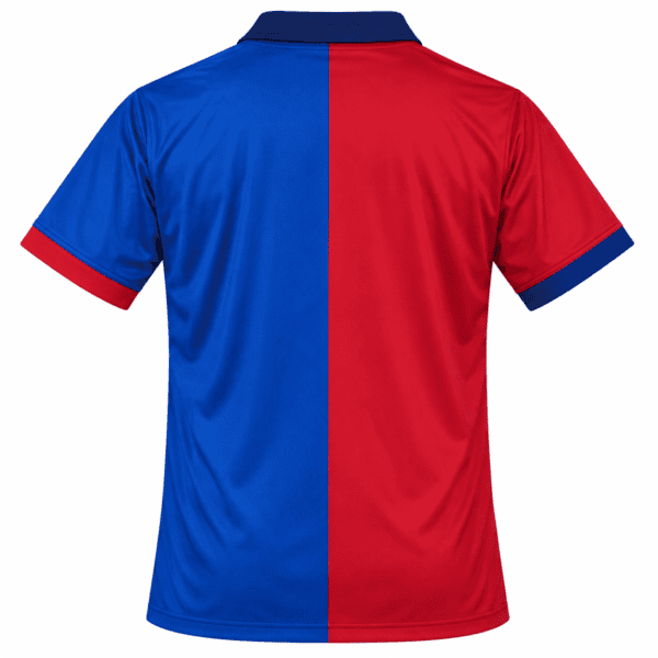 Barcelona polo shirt with blue and red halves, short sleeves, and collar.