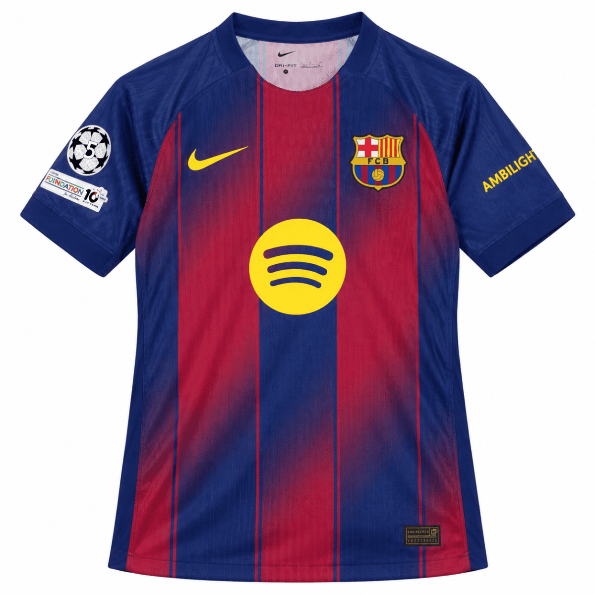 Barcelona home player version kit 2025/26 with blue and red vertical stripes.