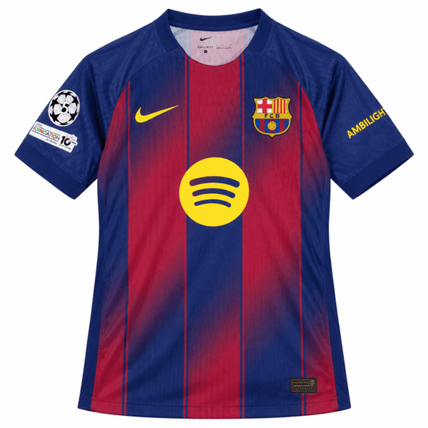 Barcelona home player version kit 2025/26 with blue and red vertical stripes.