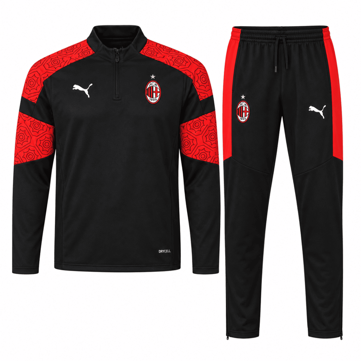 AC Milan Puma tracksuit set with black and red design, Puma logo, and club crest.