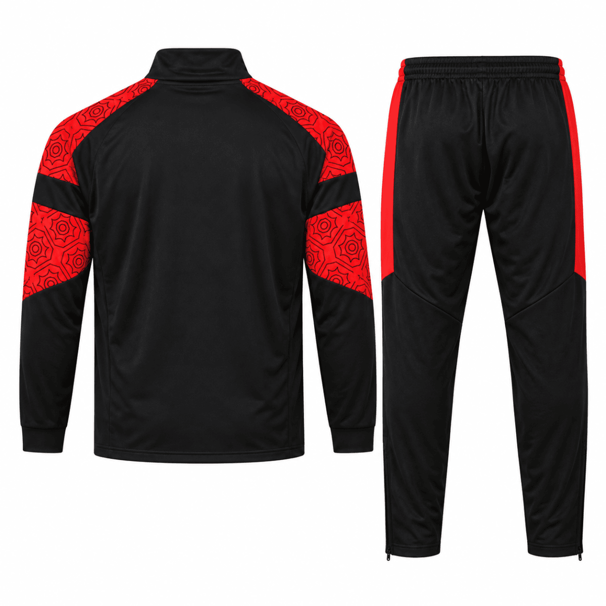 Black and red AC Milan Puma tracksuit set with geometric pattern on shoulders and sleeves.