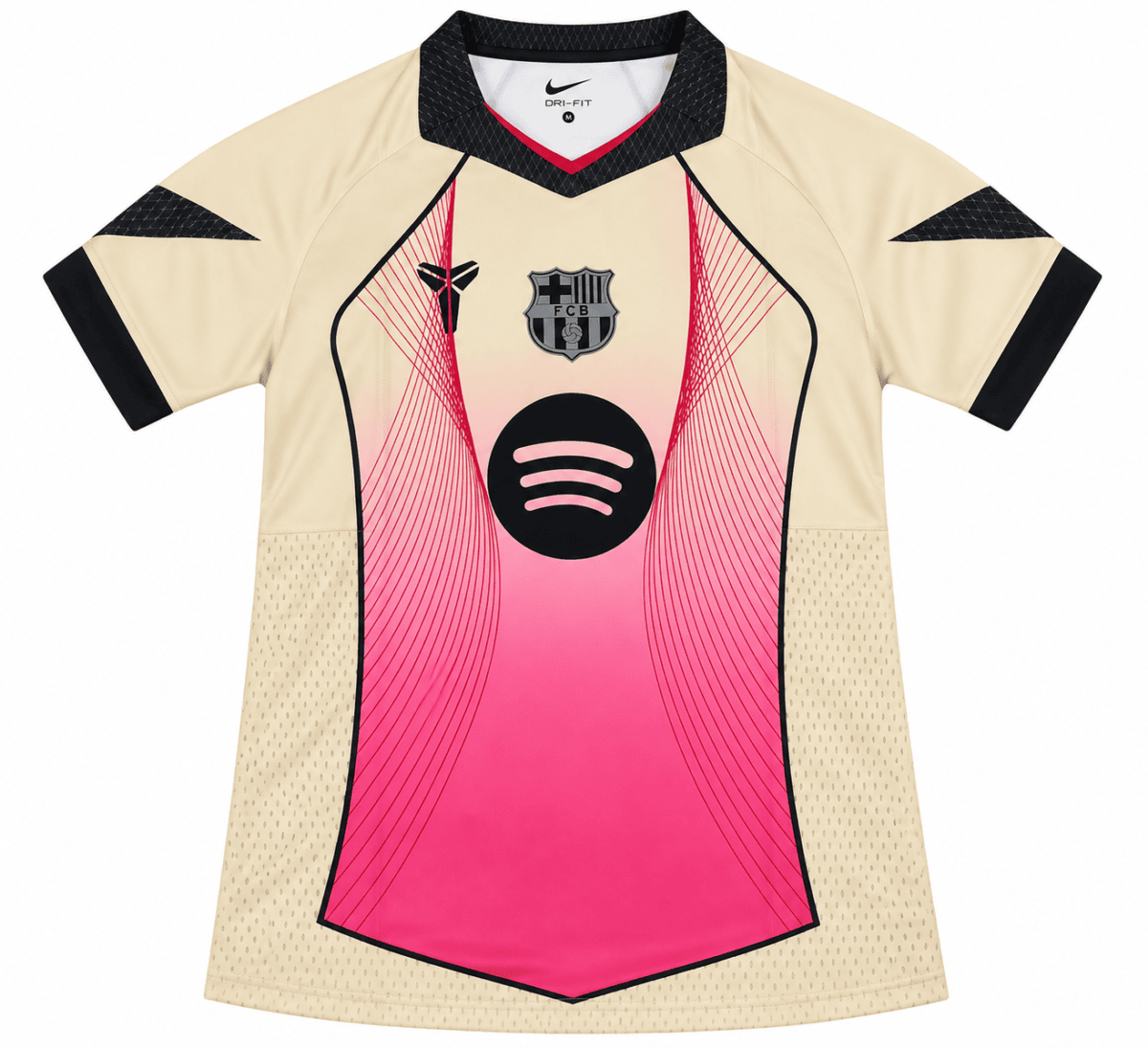 Barcelona special edition beige and pink jersey with club crest and sponsor logo.
