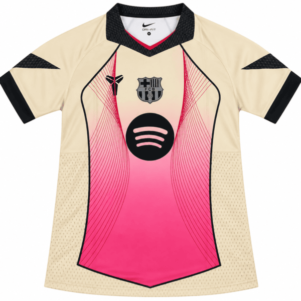 ChatGPT Image Sep 12 2026 01_14_13 PM - UAE SPORT STORE Barcelona special edition beige and pink jersey with club crest and sponsor logo.
