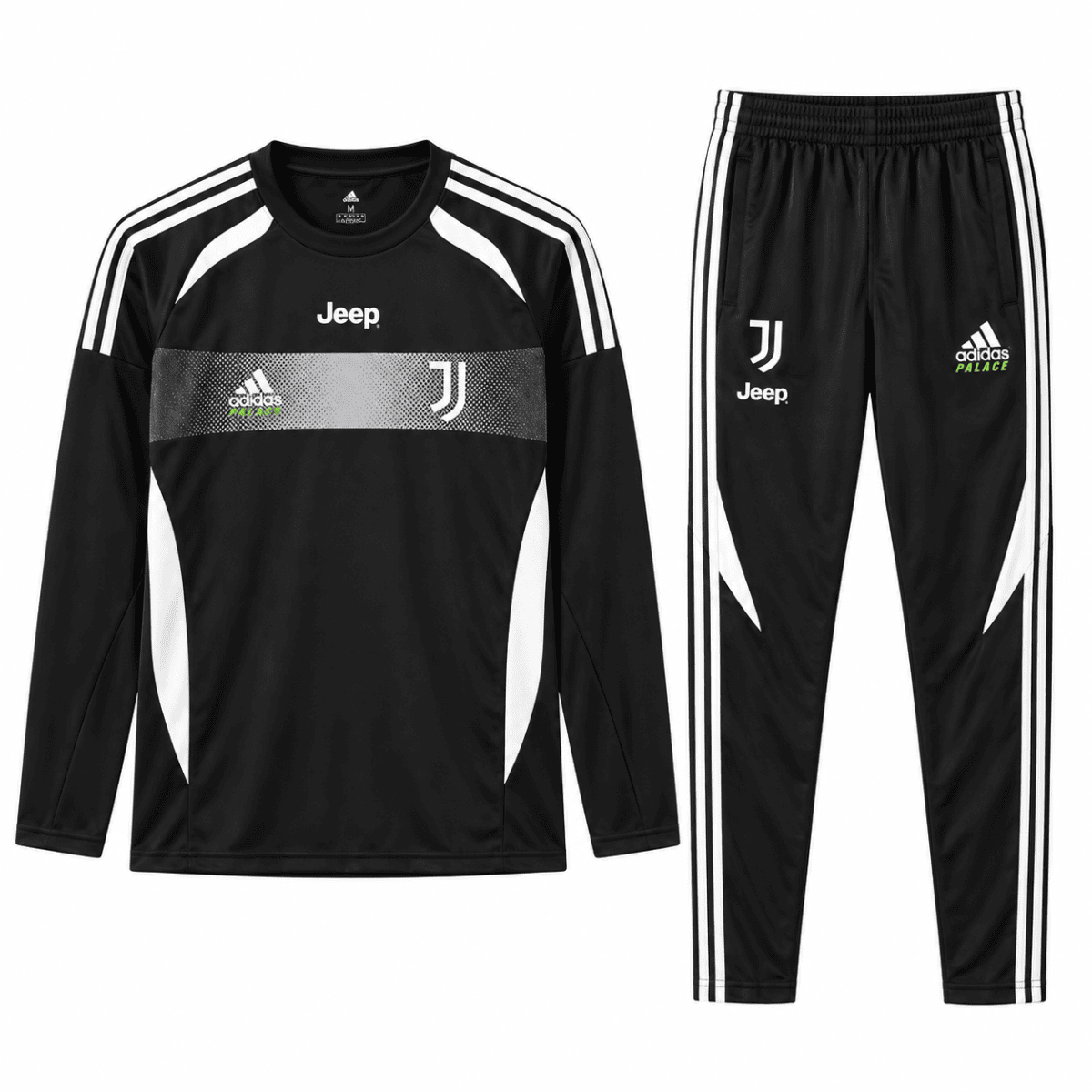 Juventus black and white training kit with Adidas and Jeep logos, long-sleeve top and pants.
