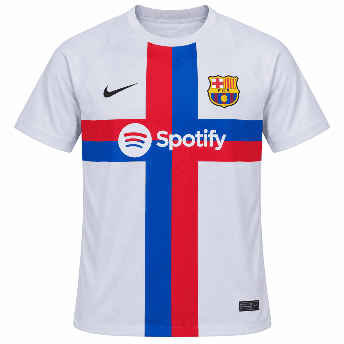 Barcelona third jersey 2022/23 with red and blue cross, FCB crest, Nike logo, and Spotify logo.