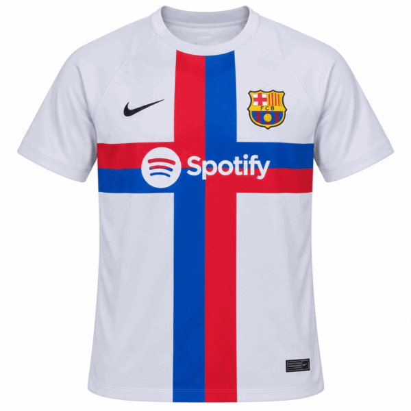 ChatGPT Image Sep 12 2026 03_44_33 PM - UAE SPORT STORE Barcelona third jersey 2022/23 with red and blue cross, FCB crest, Nike logo, and Spotify logo.