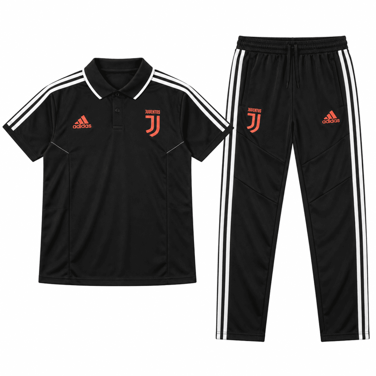Juventus black tracksuit with white stripes and red logo, polo shirt and pants.
