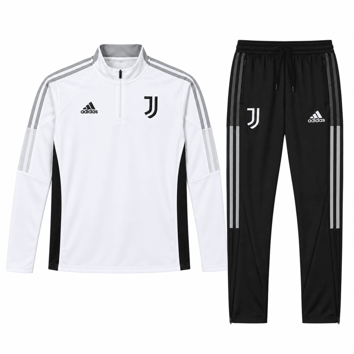 Juventus white and black tracksuit with logo and stripes details.