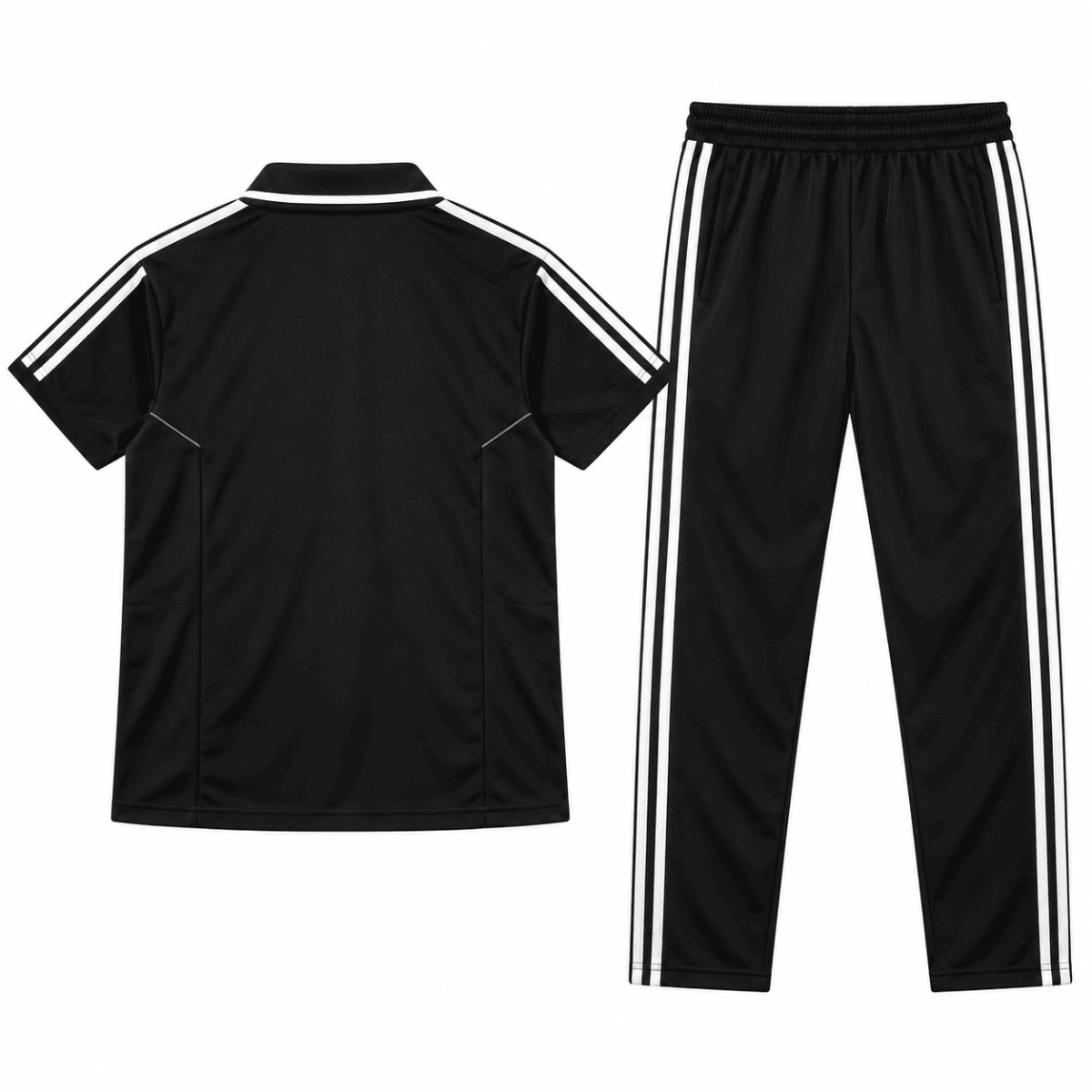 Juventus black and white striped tracksuit with short sleeves and pants.