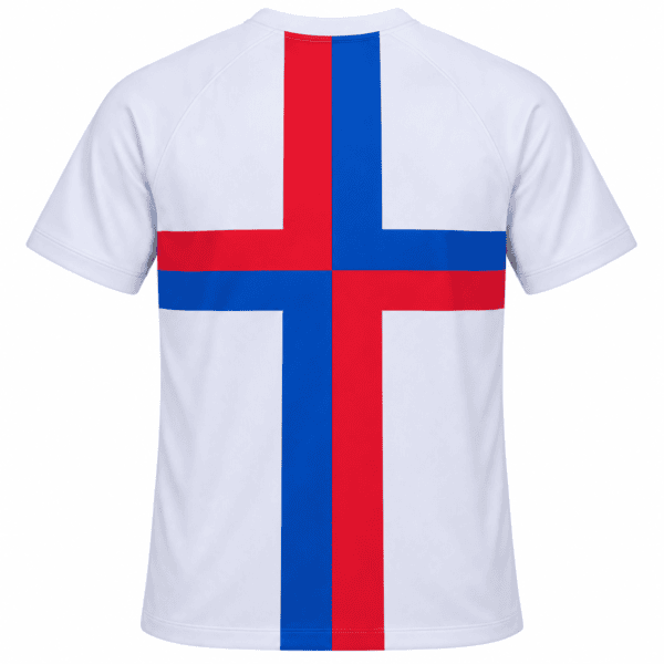 Barcelona third jersey 2022/23 with red and blue cross on white background.