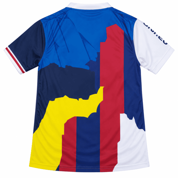 Colorful football jersey with blue, red, yellow, and white sections.