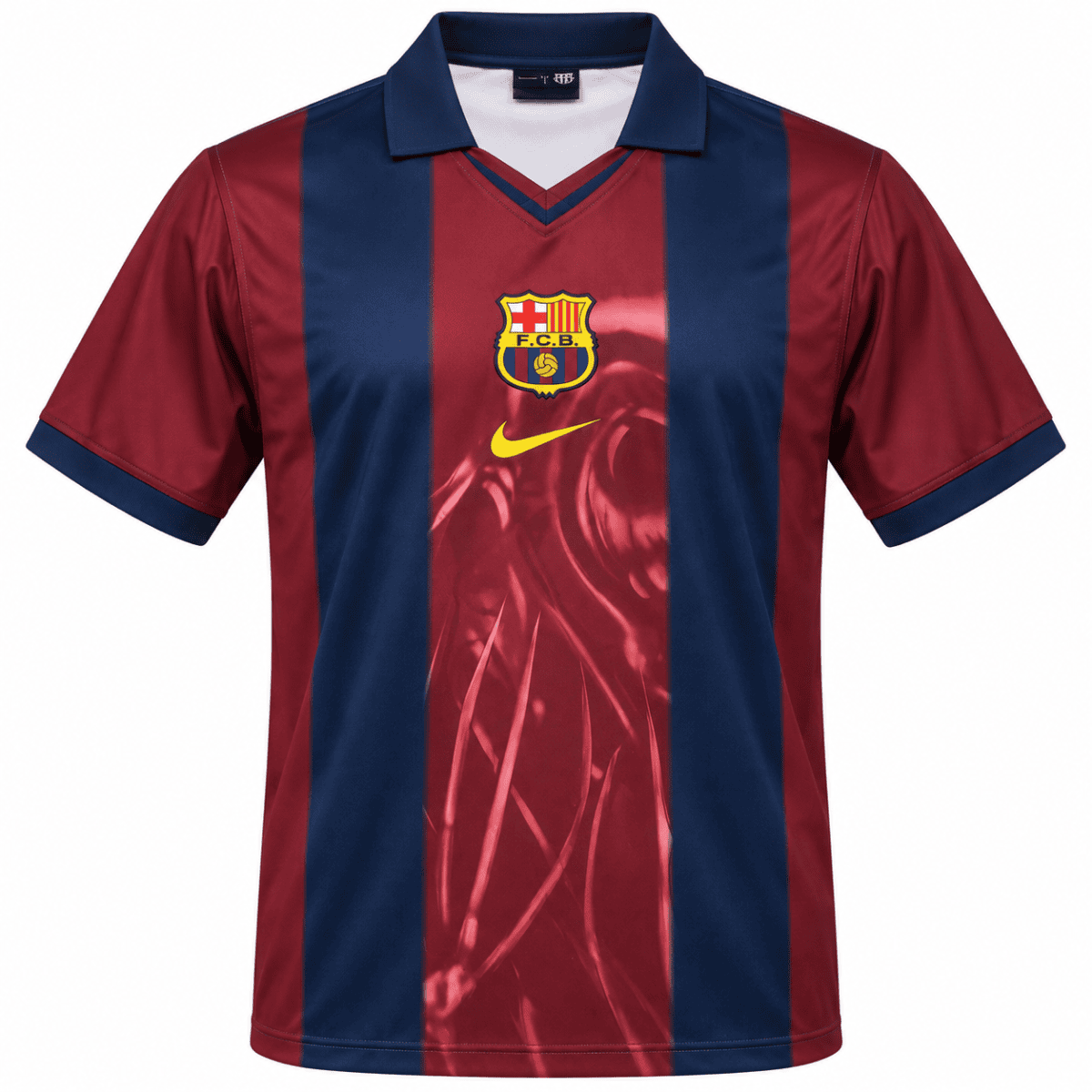Barcelona home jersey 2000/01 season with maroon and blue vertical stripes.
