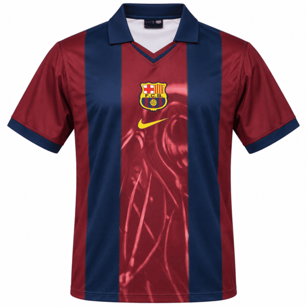 Barcelona home jersey 2000/01 season with maroon and blue vertical stripes.