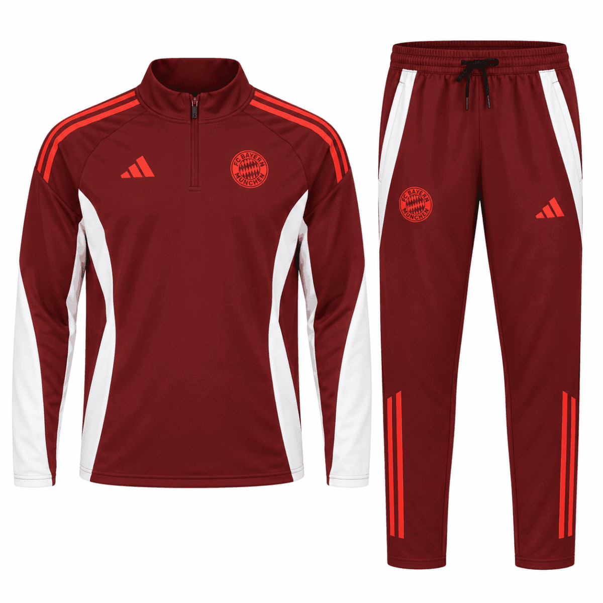 Bayern Munich training tracksuit 2024/25 in red with white accents and club logo.