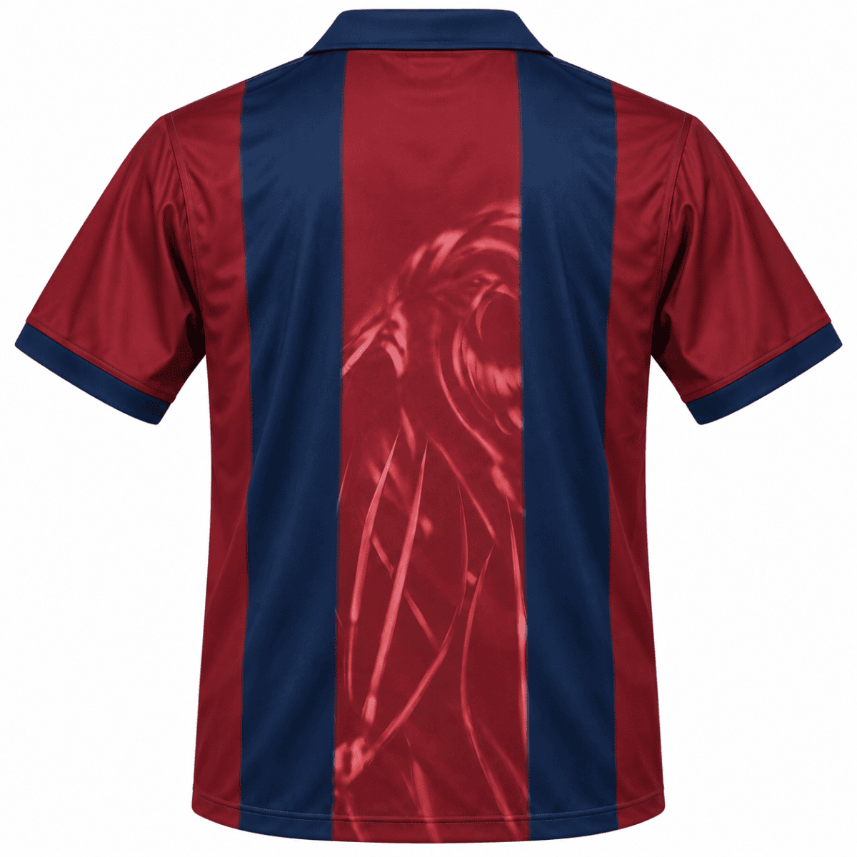 Barcelona home football jersey with maroon and blue vertical stripes.