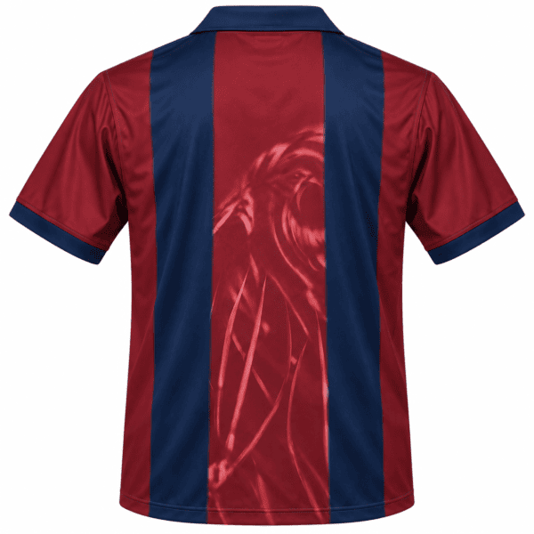 Barcelona home football jersey with maroon and blue vertical stripes.