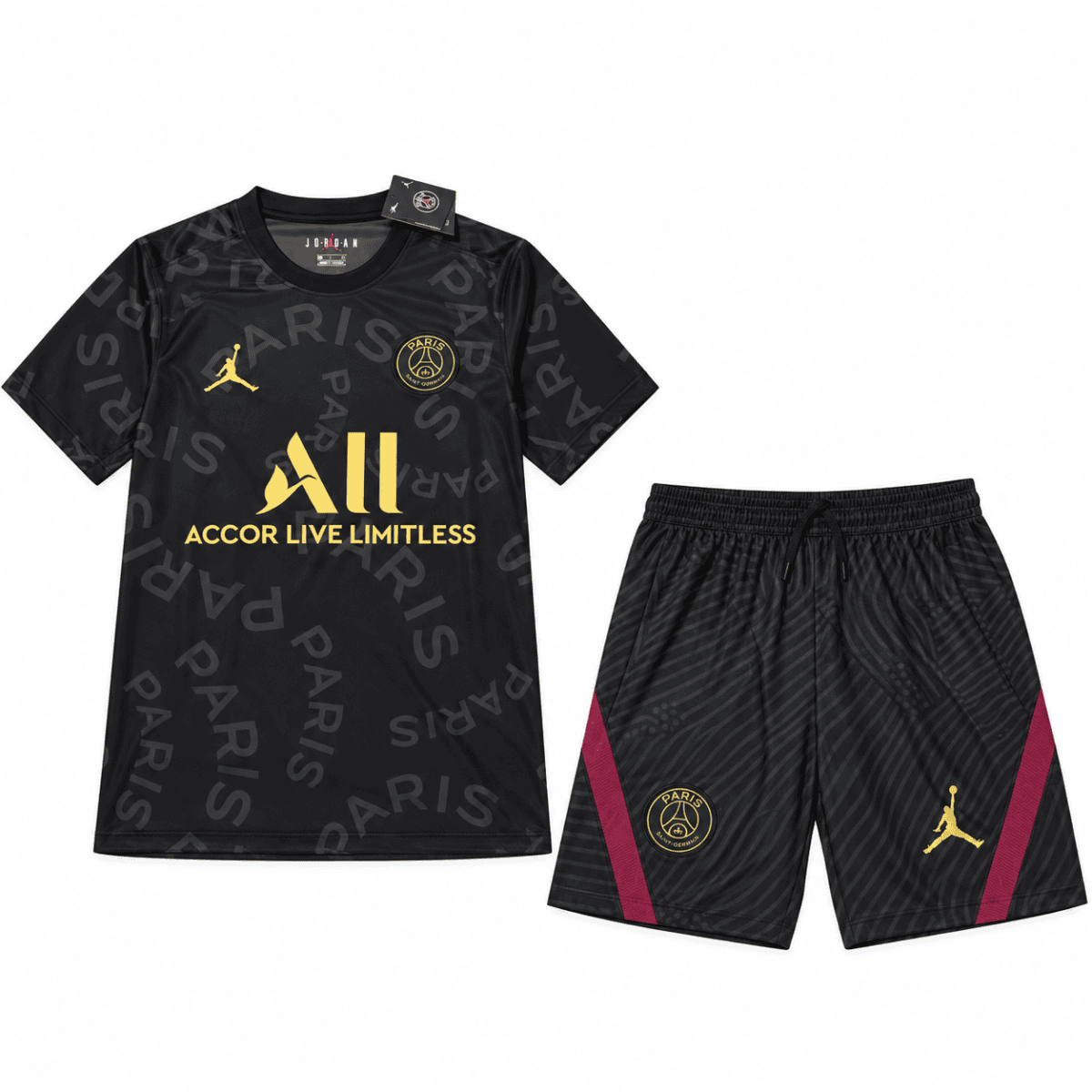 Paris Saint-Germain x Jordan pre-match training jersey and shorts in black with pink accents.