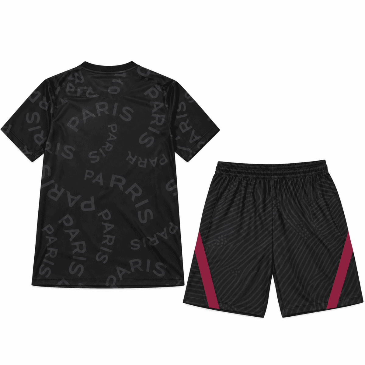 Paris Saint-Germain x Jordan training jersey and shorts in black with pink accents.