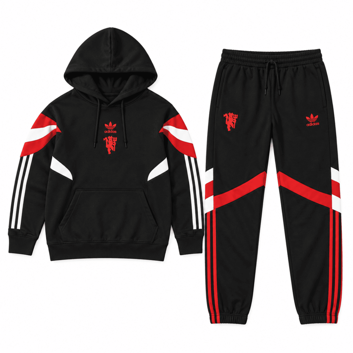 Black hoodie and joggers with red and white accents, Adidas logo, and lion crest.
