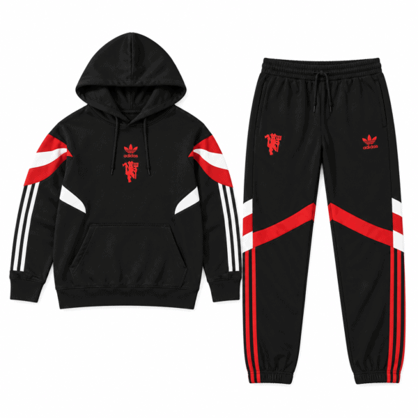 ChatGPT Image Sep 16 2026 03_20_03 PM - UAE SPORT STORE Black hoodie and joggers with red and white accents, Adidas logo, and lion crest.