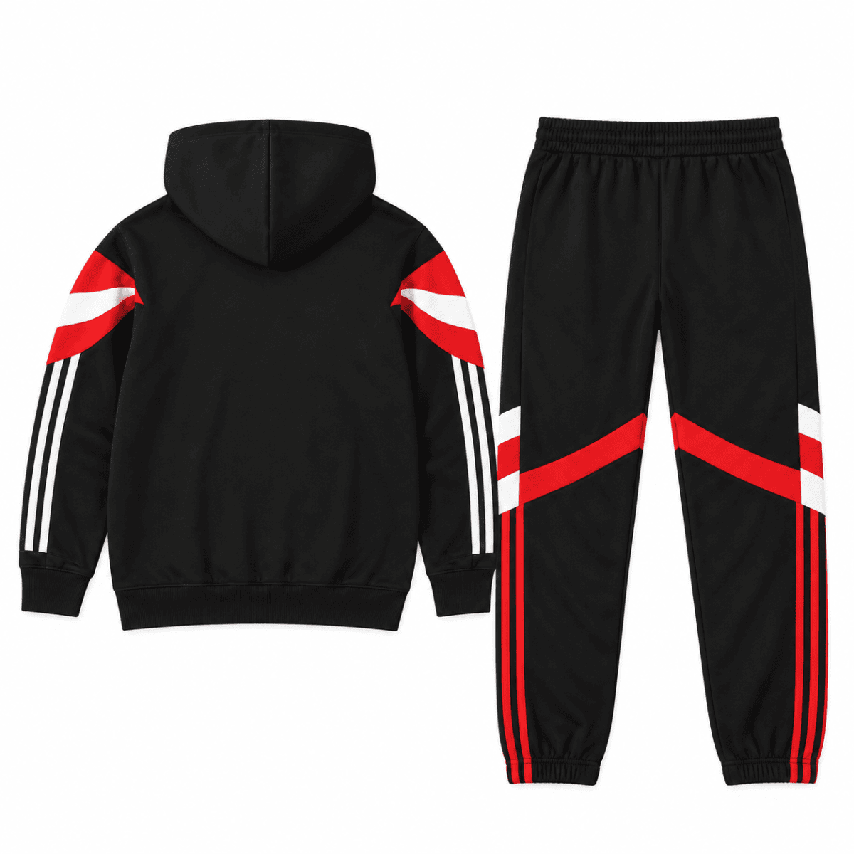 Black hoodie and pants with red and white stripe accents, sportswear set.