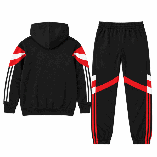 Black hoodie and pants with red and white stripe accents, sportswear set.