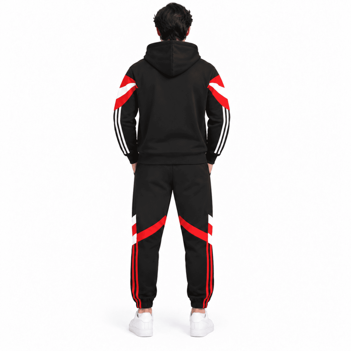 Man United hoodie tracksuit in black with red and white accents, back view.