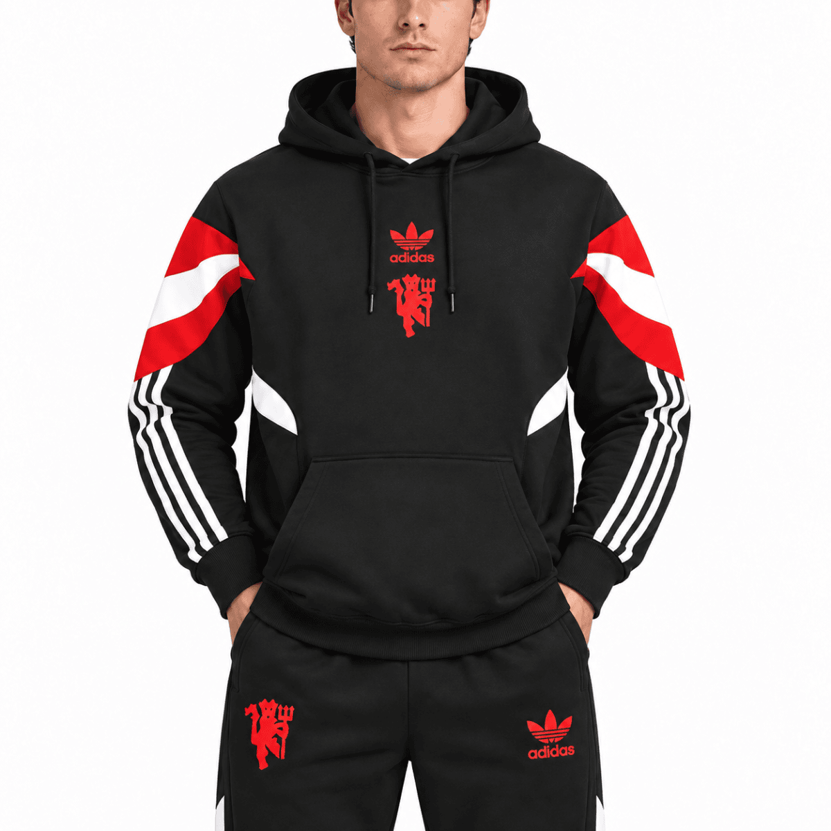 Black Adidas hoodie tracksuit with red and white accents, logo on chest and pants.