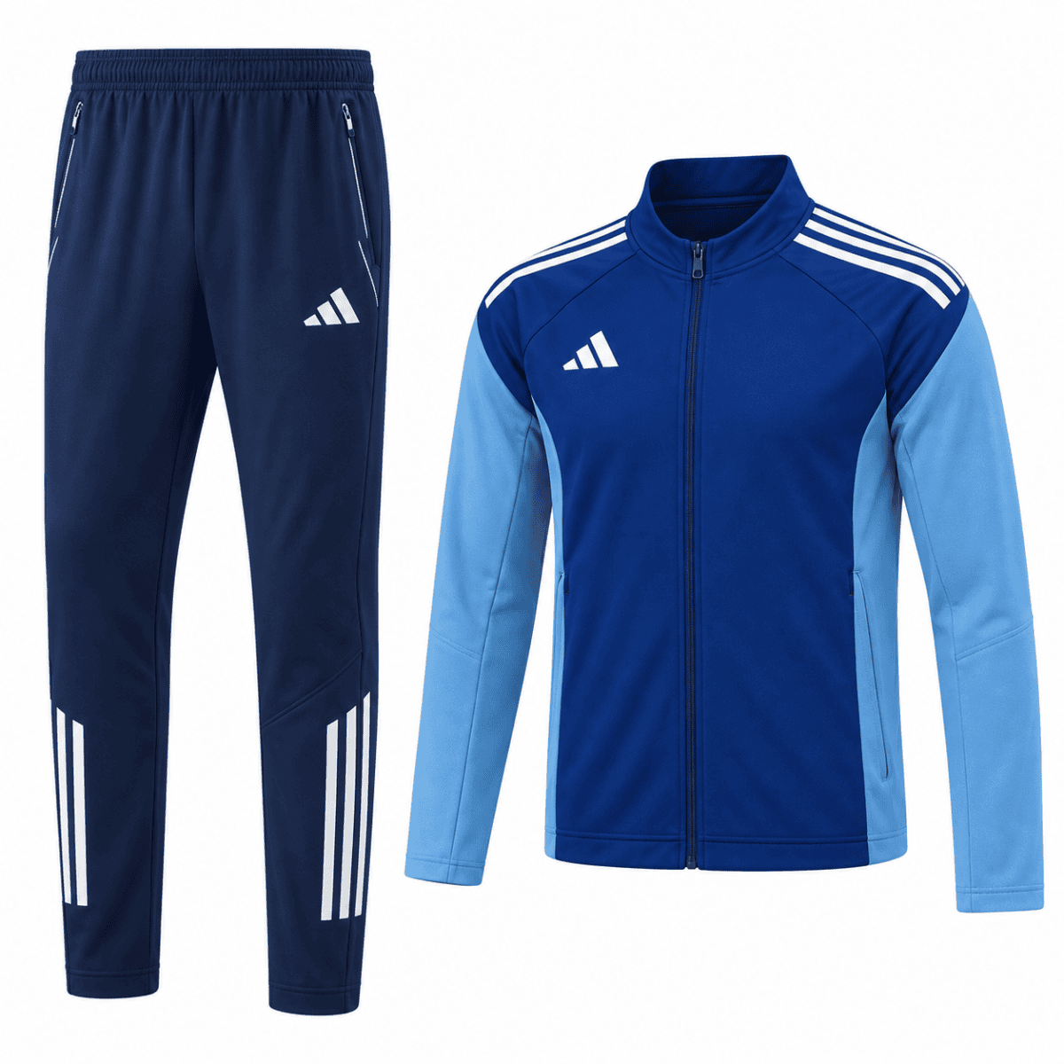 Adidas blue and navy tracksuit with zip-up jacket and matching pants.