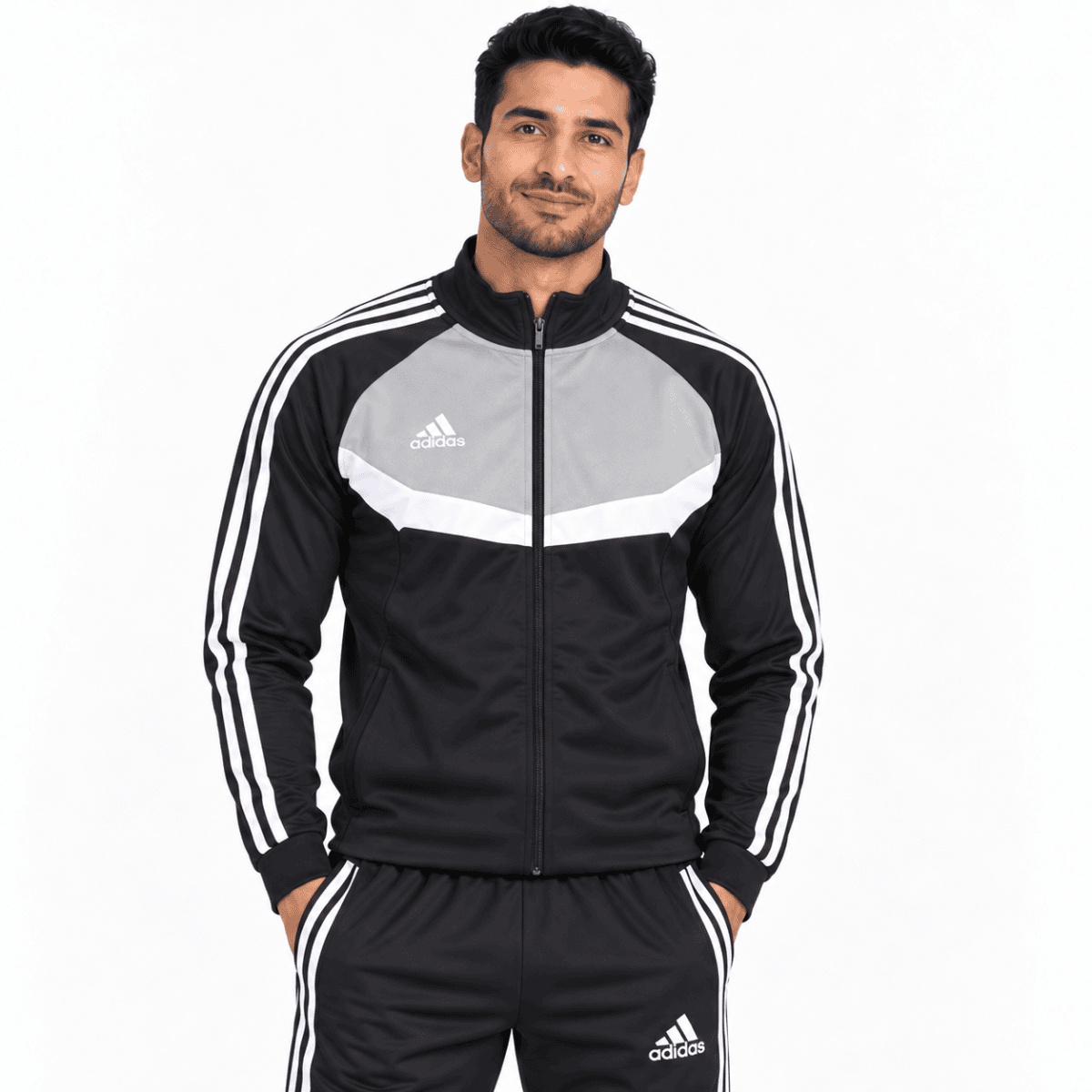 Men's Adidas black and grey tracksuit with white stripes, front view.