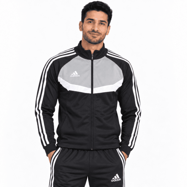 Men's Adidas black and grey tracksuit with white stripes, front view.
