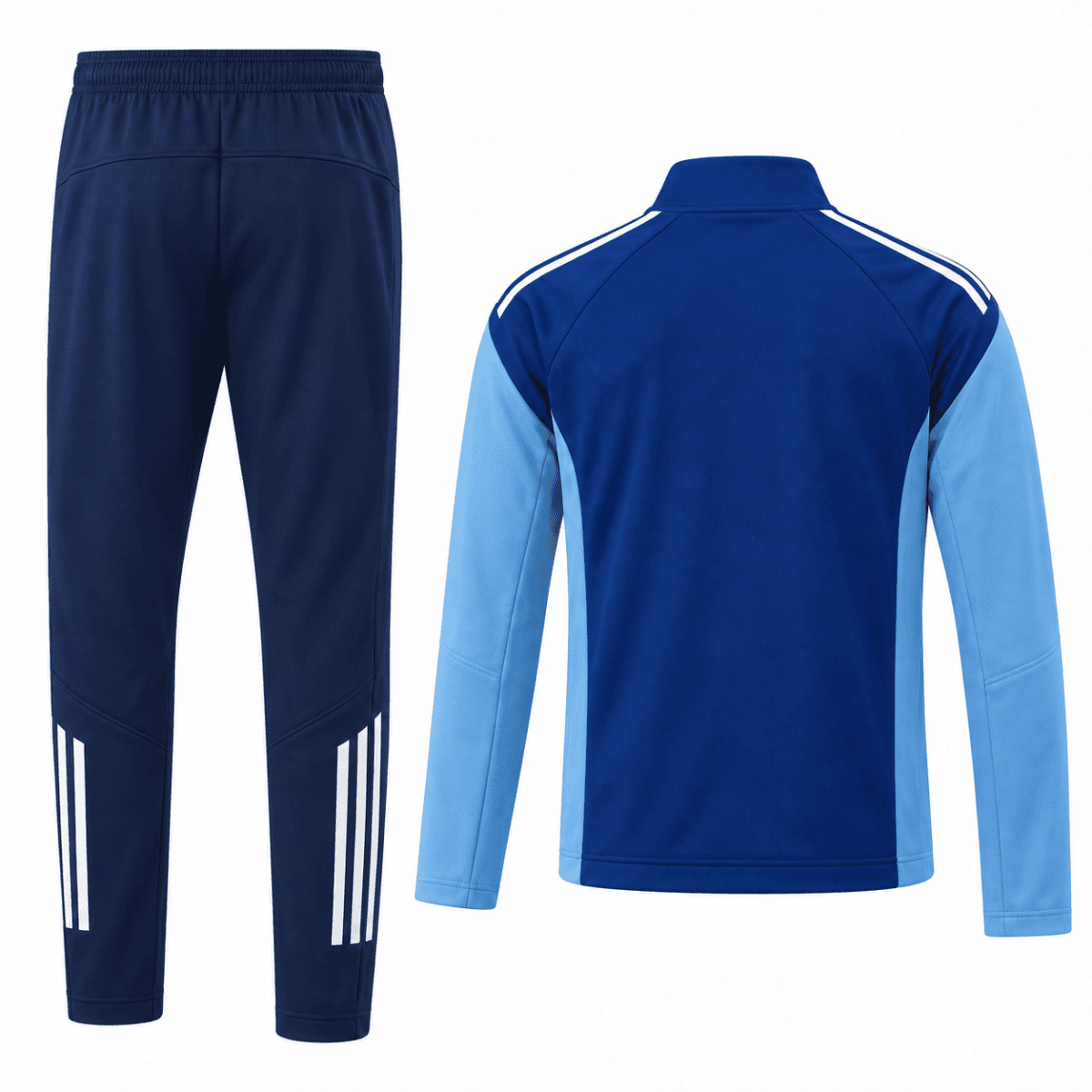 Blue and navy Adidas tracksuit with white stripes, front and back views.