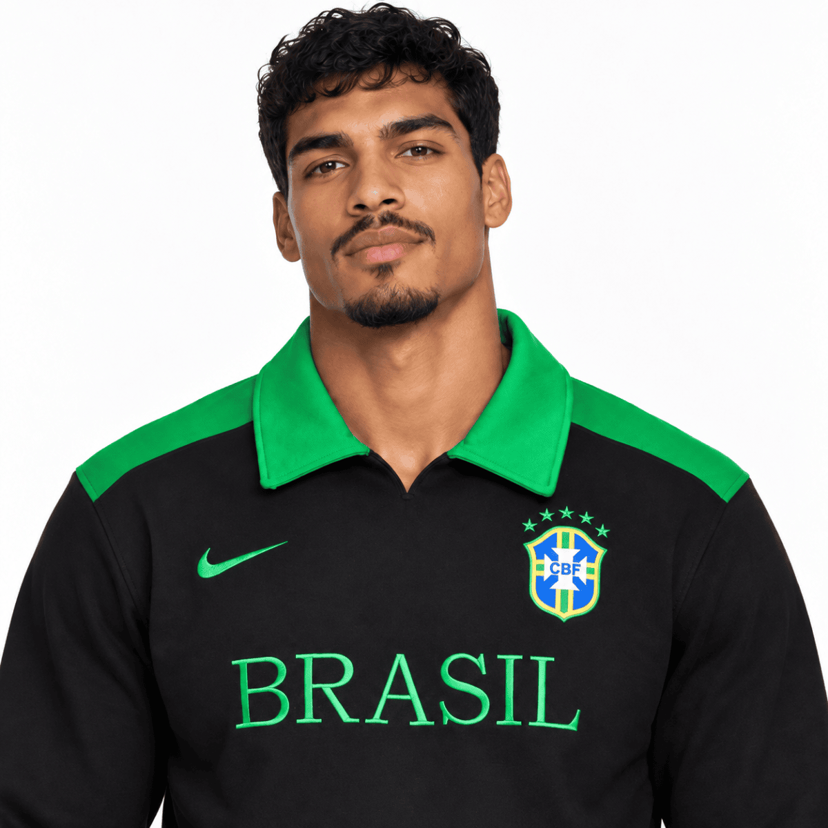 Brazil national team long sleeve polo shirt in black and green with crest and 'BRASIL' text.